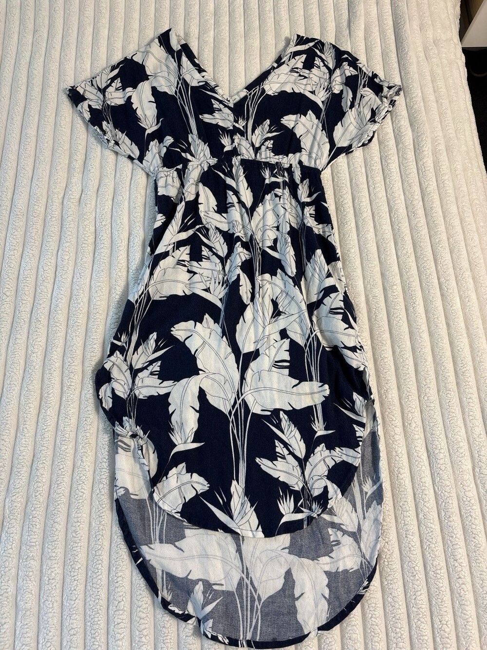 Roxy Flamingo Shades Tropical Midi Dress Womens Small Navy Blue White Vacation